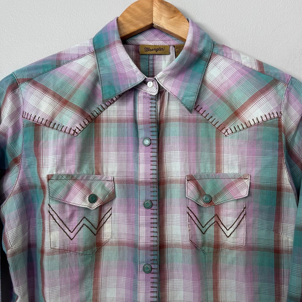 Wrangler Western Shirt Womens Medium Purple Plaid Pearl Snap Embroidered Cowgirl